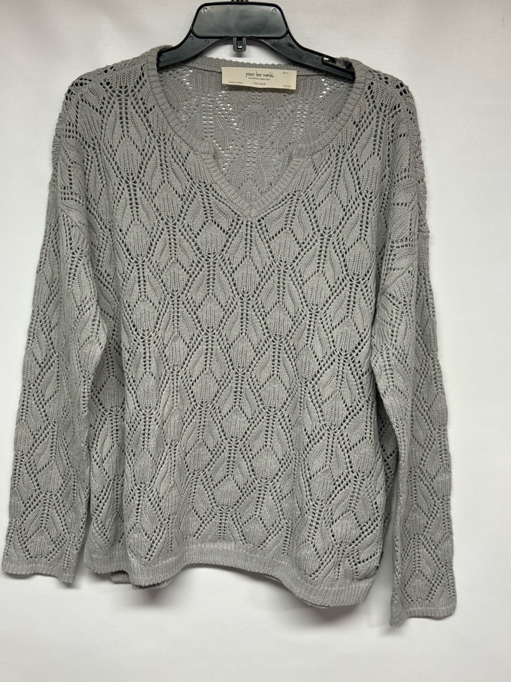 Peace Love World Light Gray Crochet V-Neck Sweater